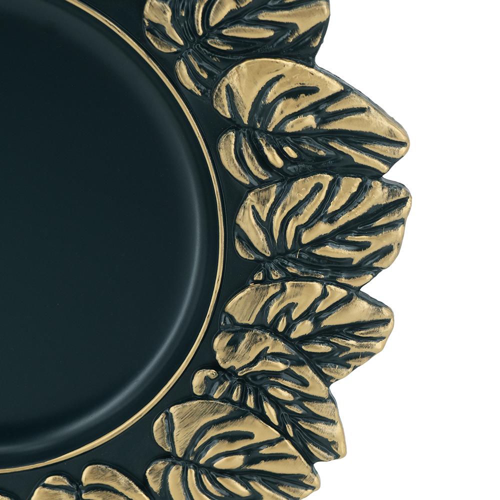 Dark green charger plate with ornate gold leaf border design