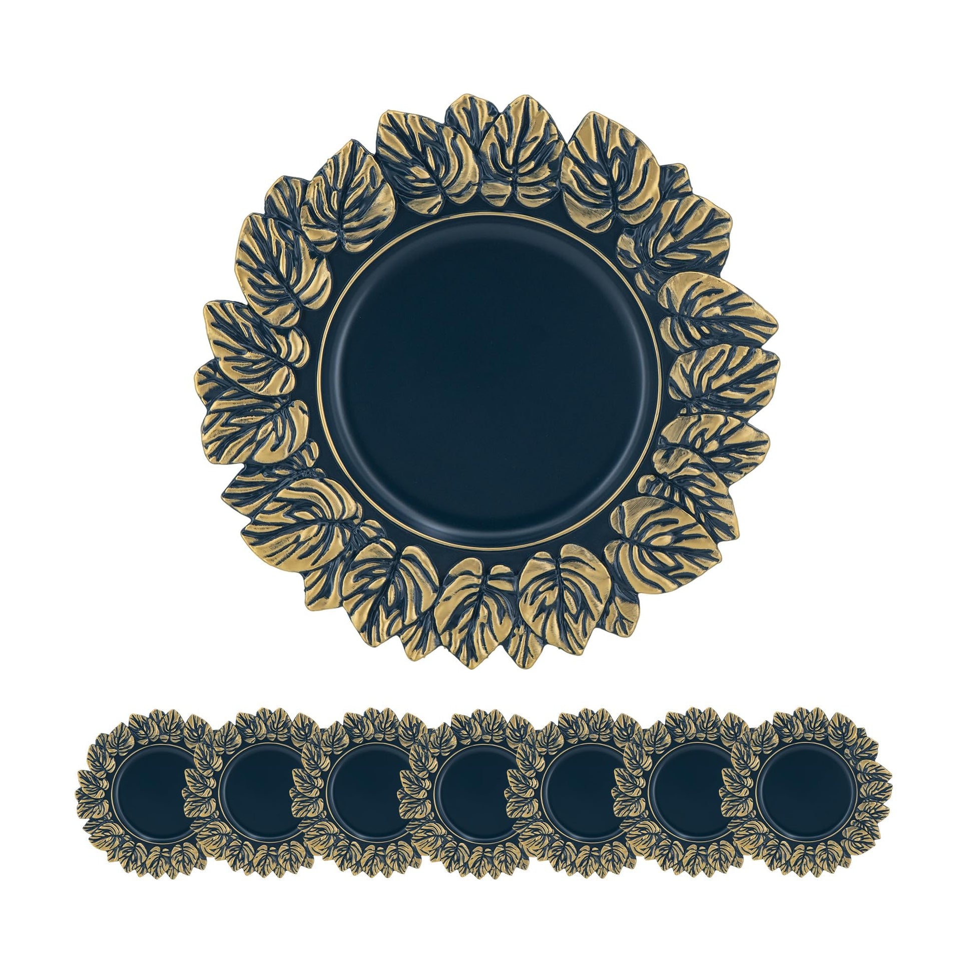 Elegant dark blue charger plate with antique gold leaf design perfect for formal dining