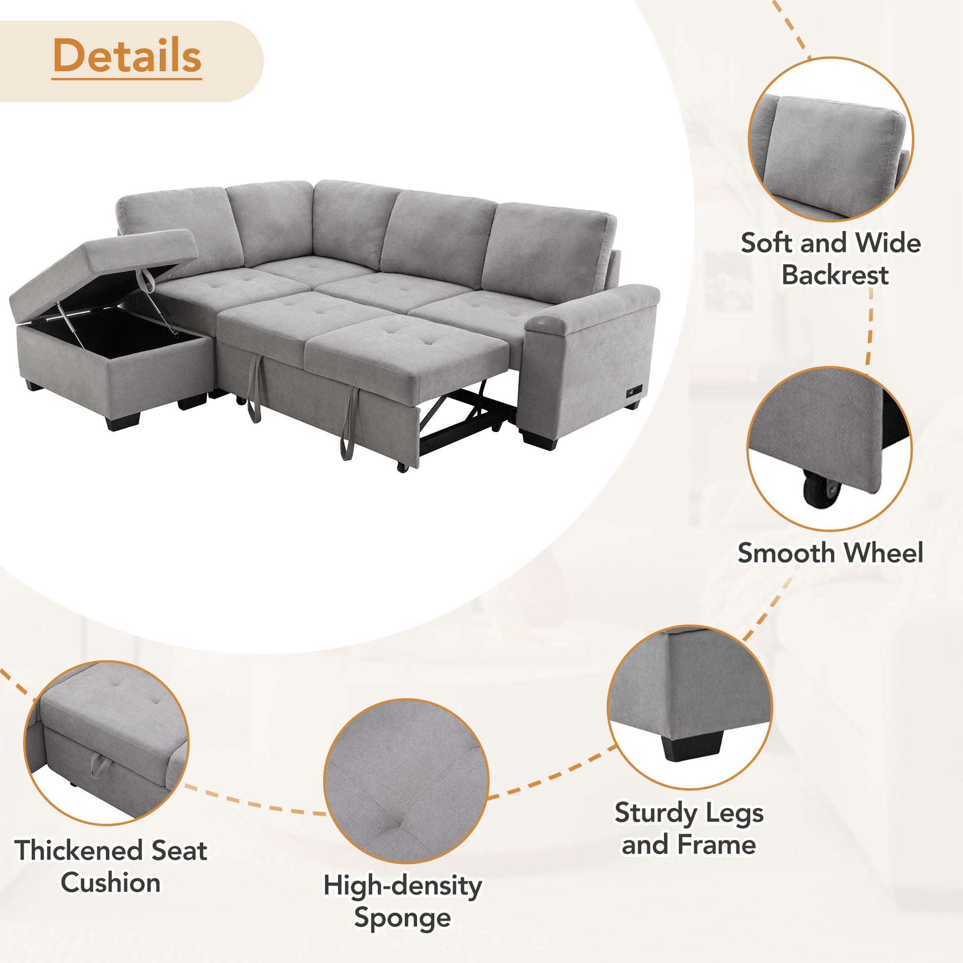Grey fabric sectional sofa with pullout bed and hidden storage compartment