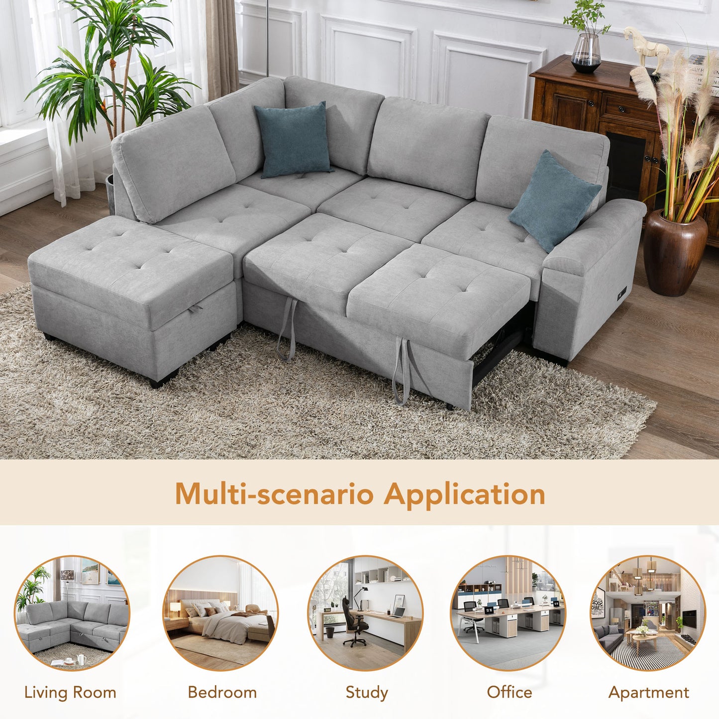 Light grey sectional sofa with ottoman and pullout bed feature