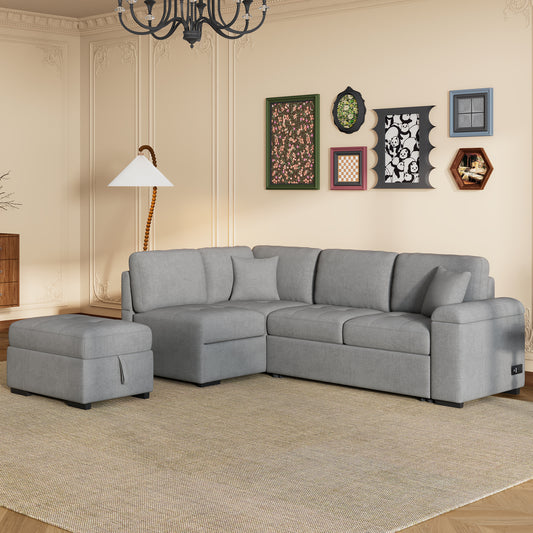 Gray fabric sectional sofa with a matching storage ottoman perfect for modern living rooms
