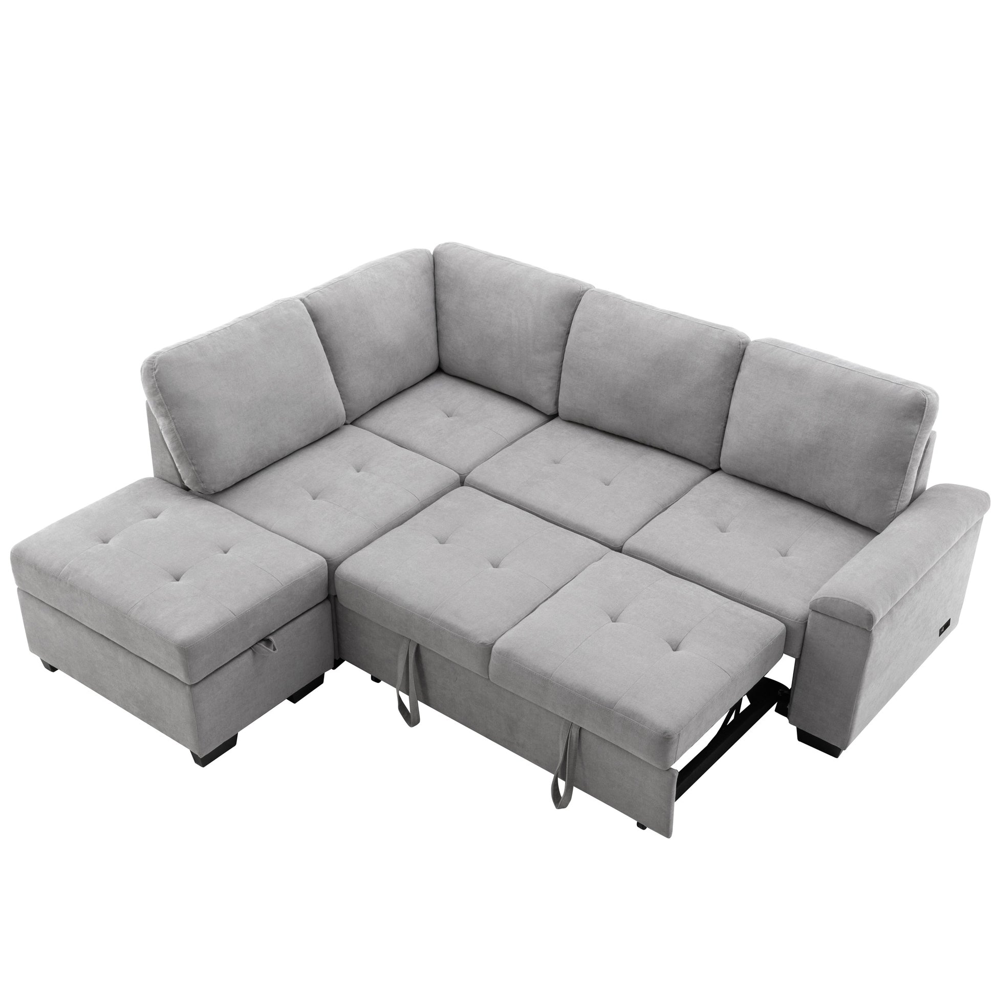 Light grey fabric sectional sofa with pullout bed and storage