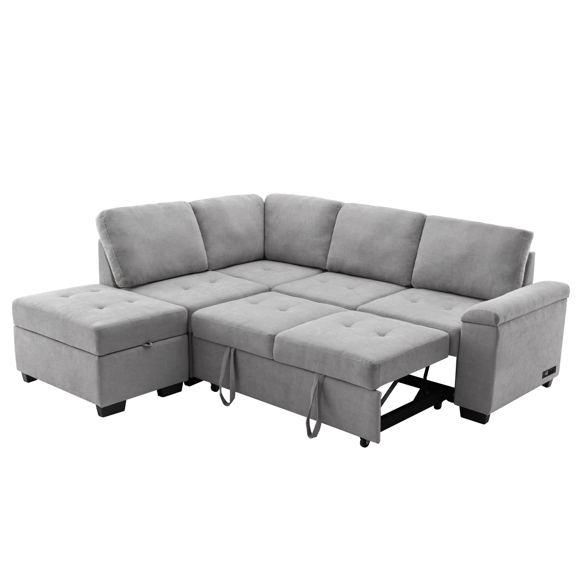 Gray sectional sofa with chaise and pullout bed feature