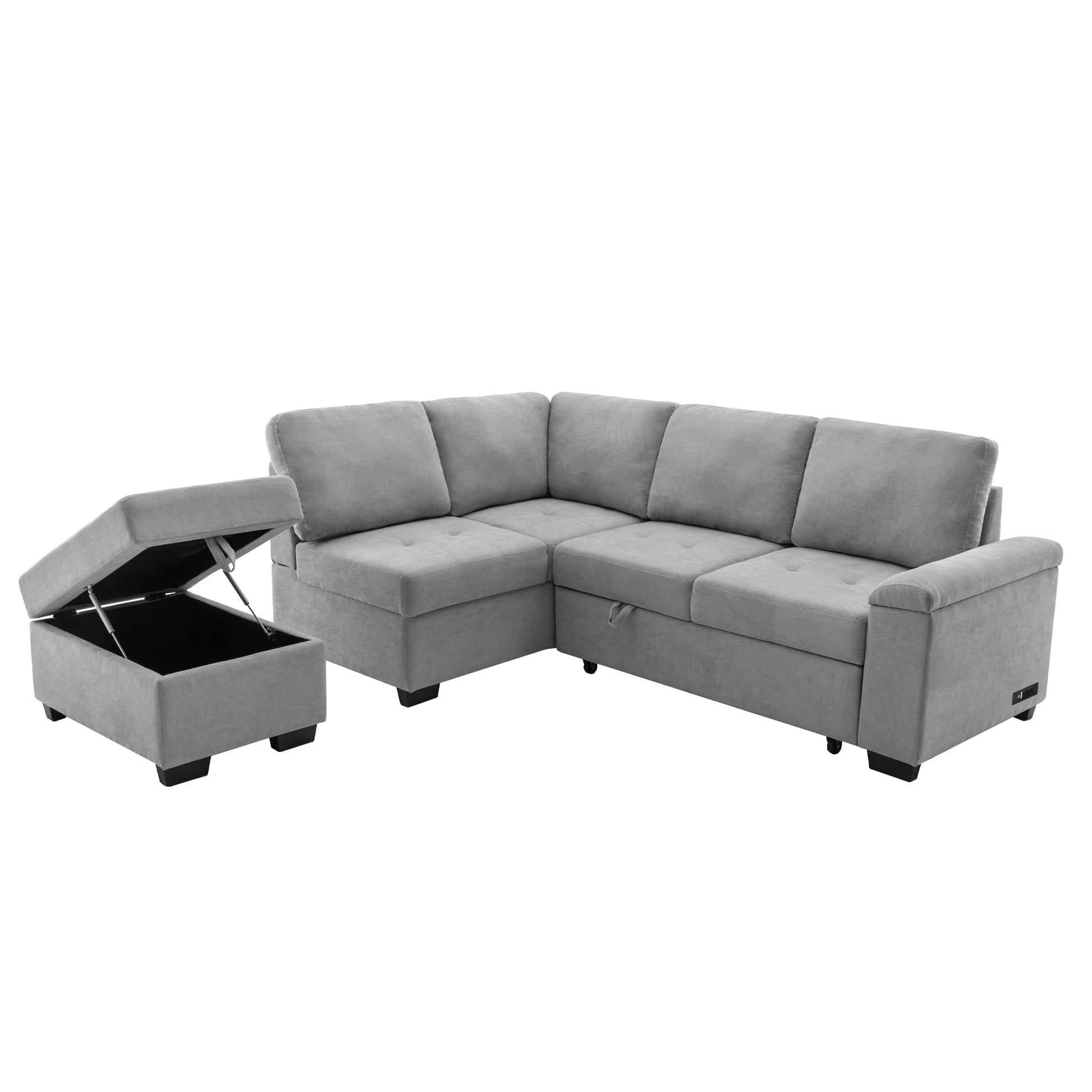 Grey fabric sectional sofa with hidden storage ottoman perfect for small living rooms