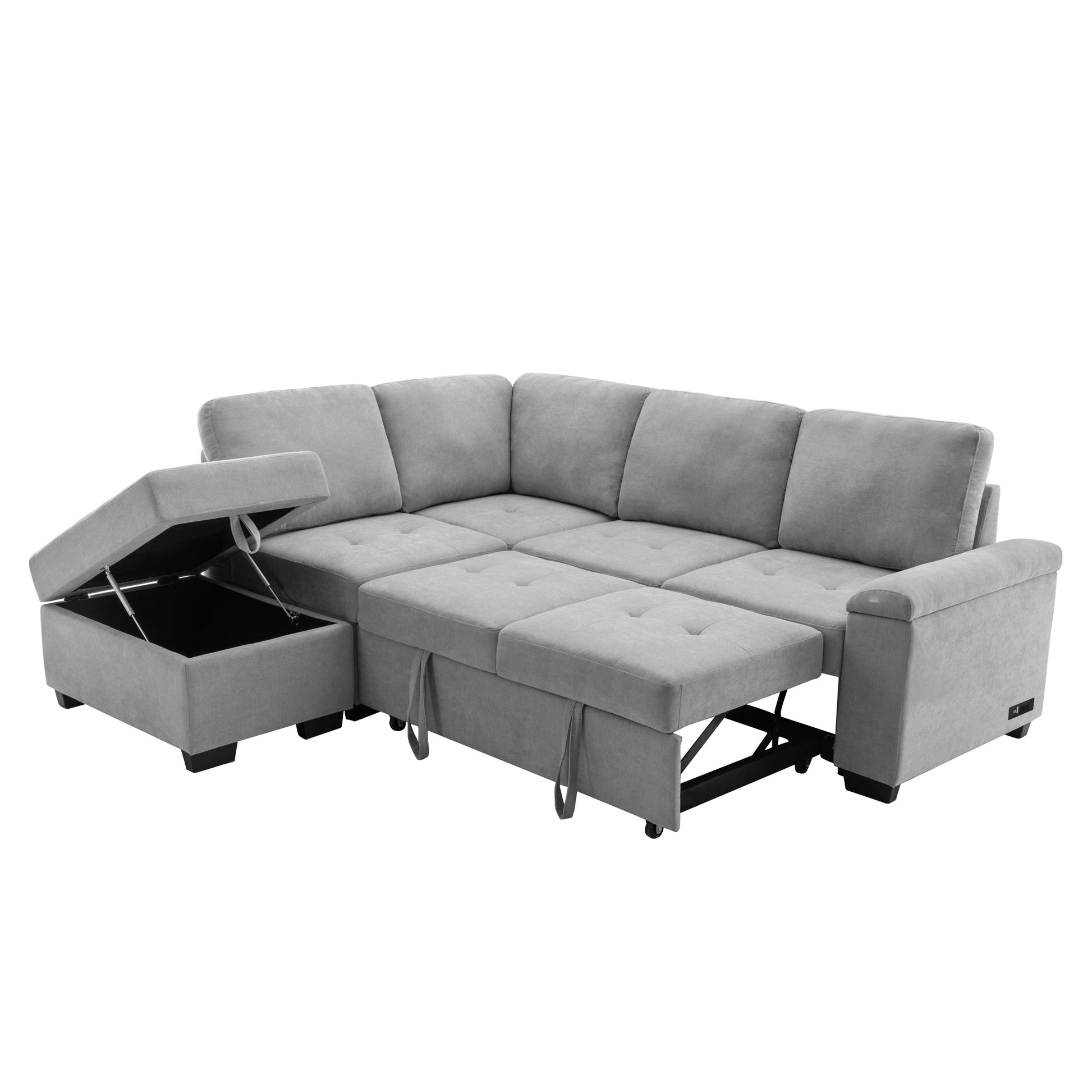 Gray fabric sectional sofa with open storage ottoman and pullout bed feature