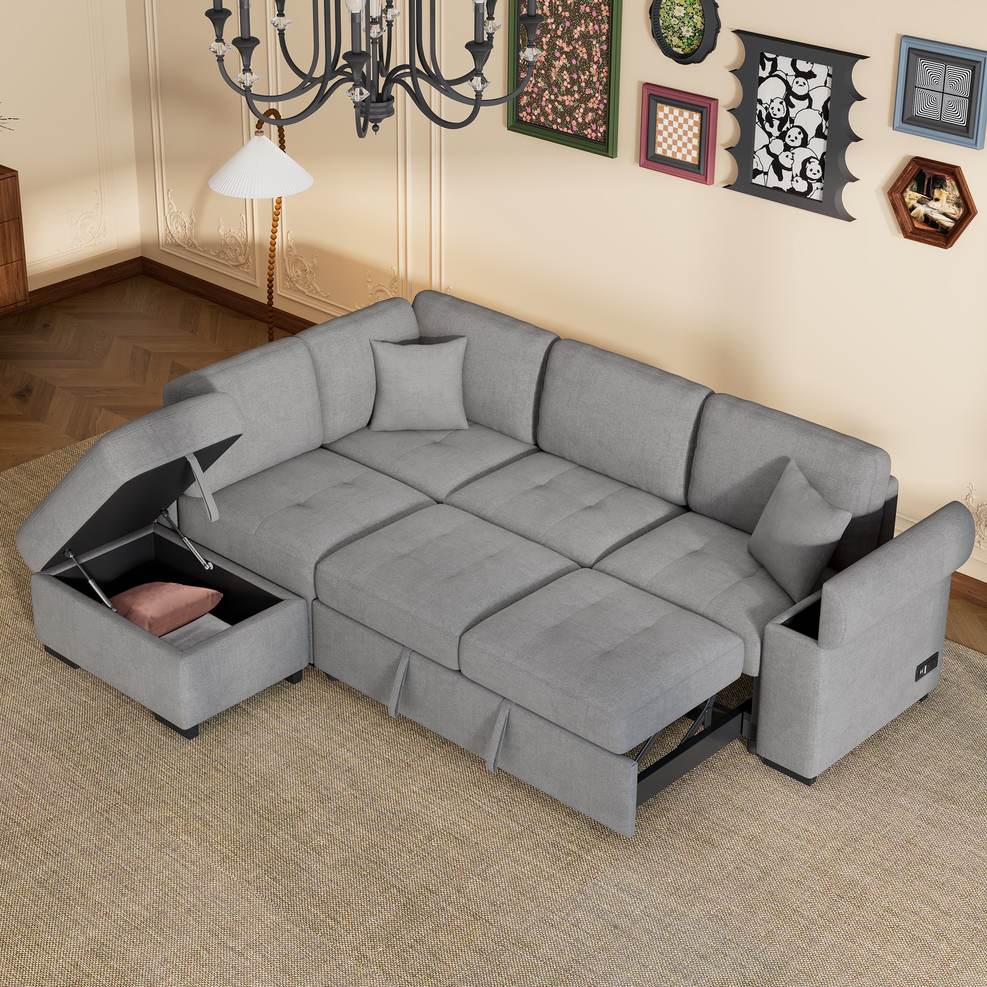 Gray sectional sofa with storage chaise and pullout bed ideal for modern living rooms