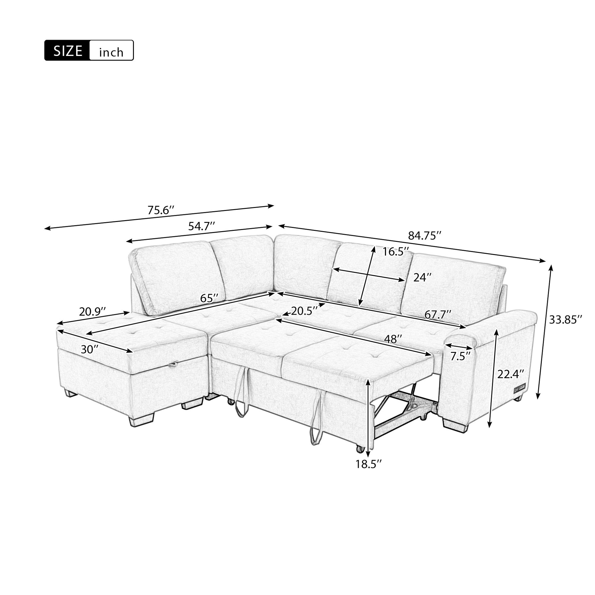 Sectional sofa bed with pullout mattress and storage chaise dimensions labeled