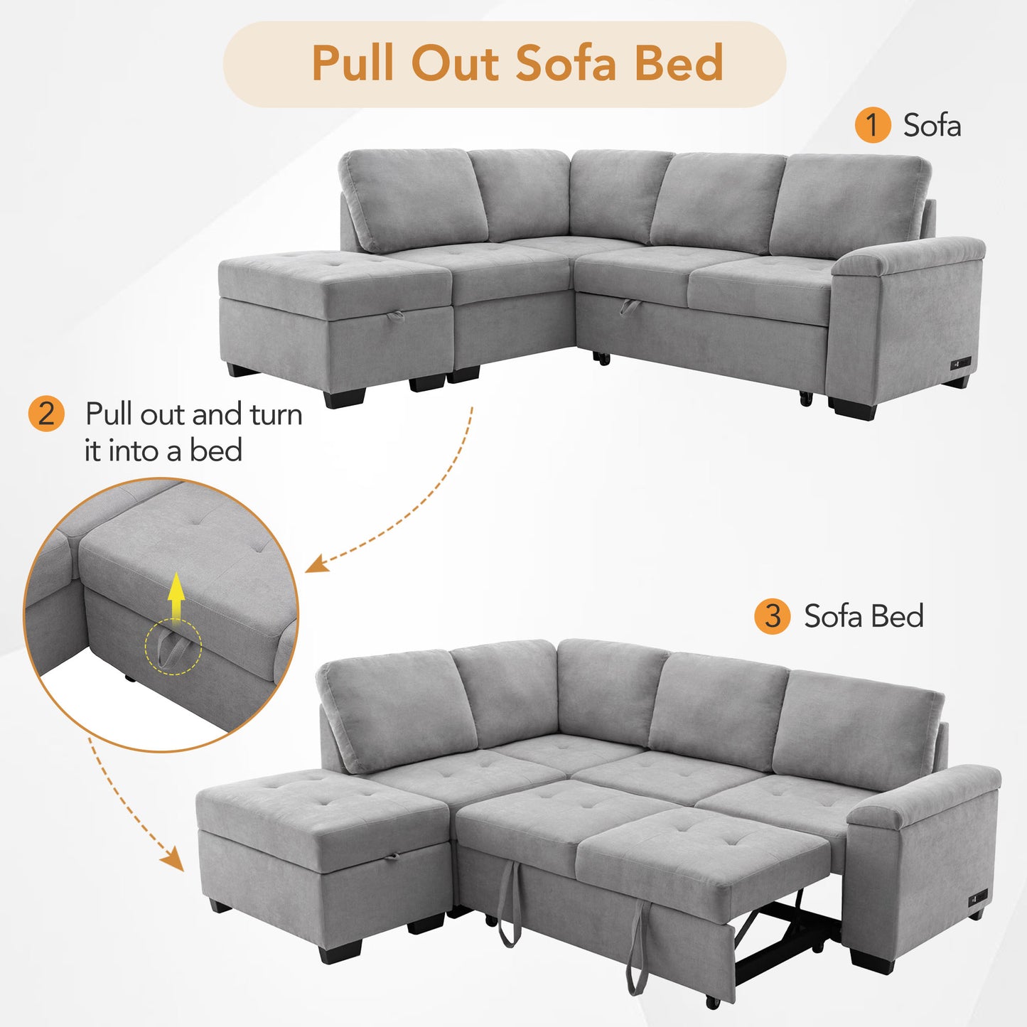 Gray sectional pull out sofa bed in a modern living room setting