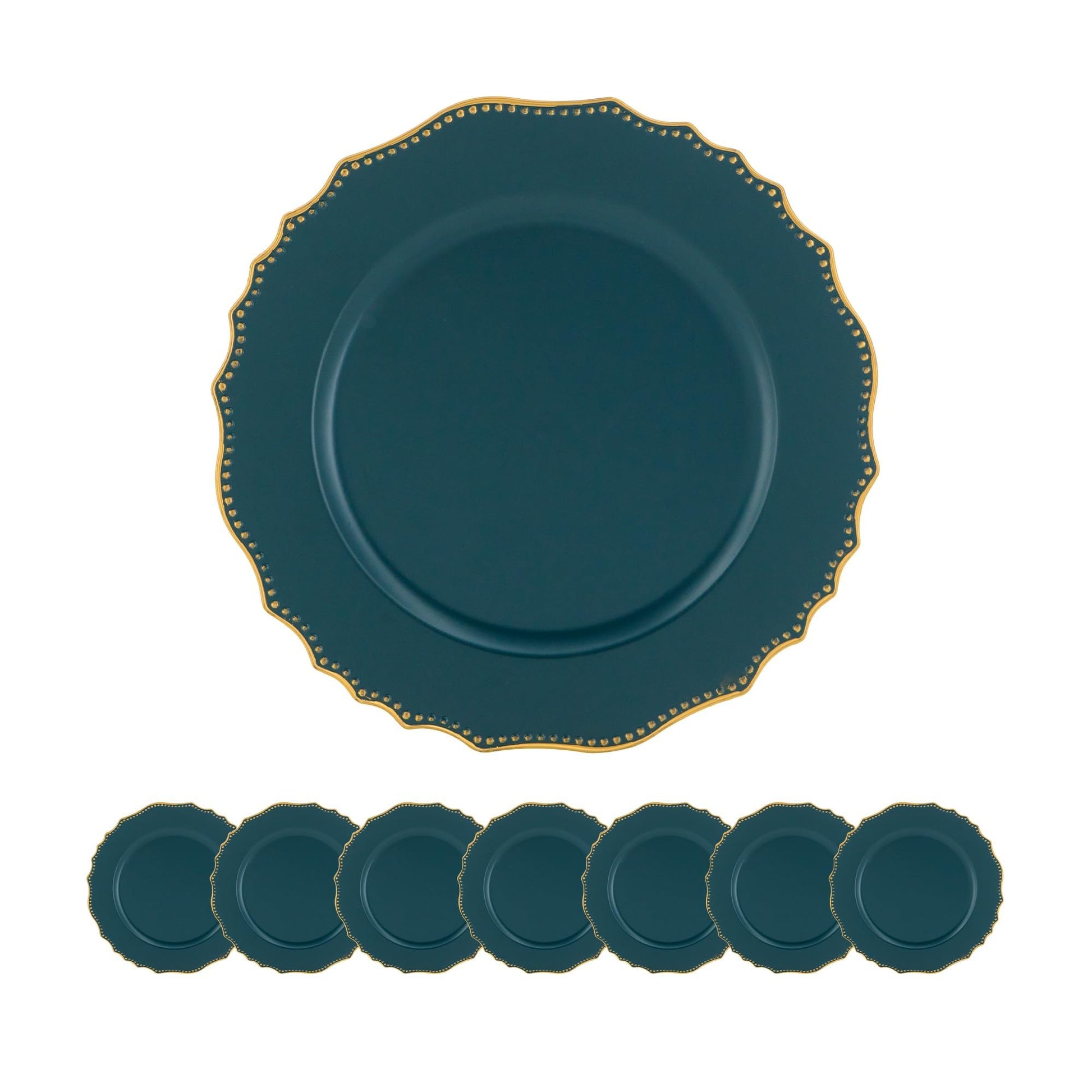 Deep teal charger plates with gold beaded rim set of  for elegant dining