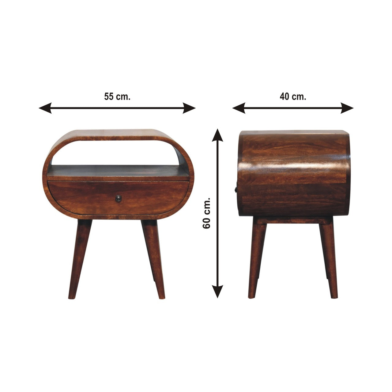Round wooden bedside table with single drawer midcentury modern style