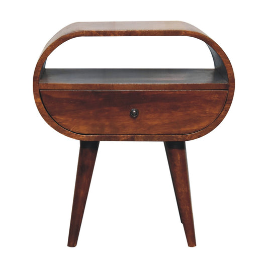 Midcentury modern walnut bedside table with open shelf and single drawer