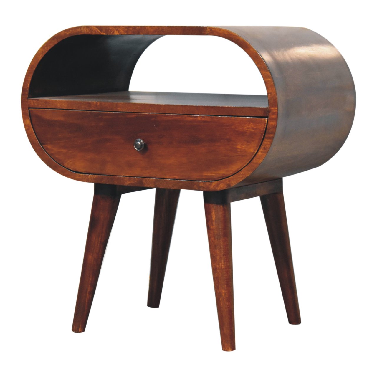 Midcentury modern oval wood end table with drawer and open shelf