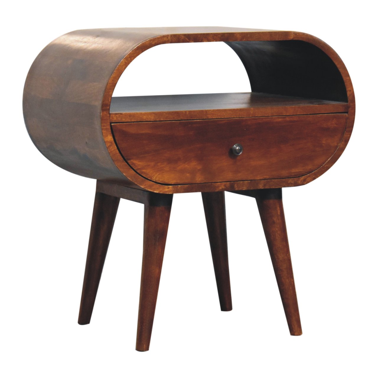 Midcentury modern wooden bedside table with curved front and single drawer