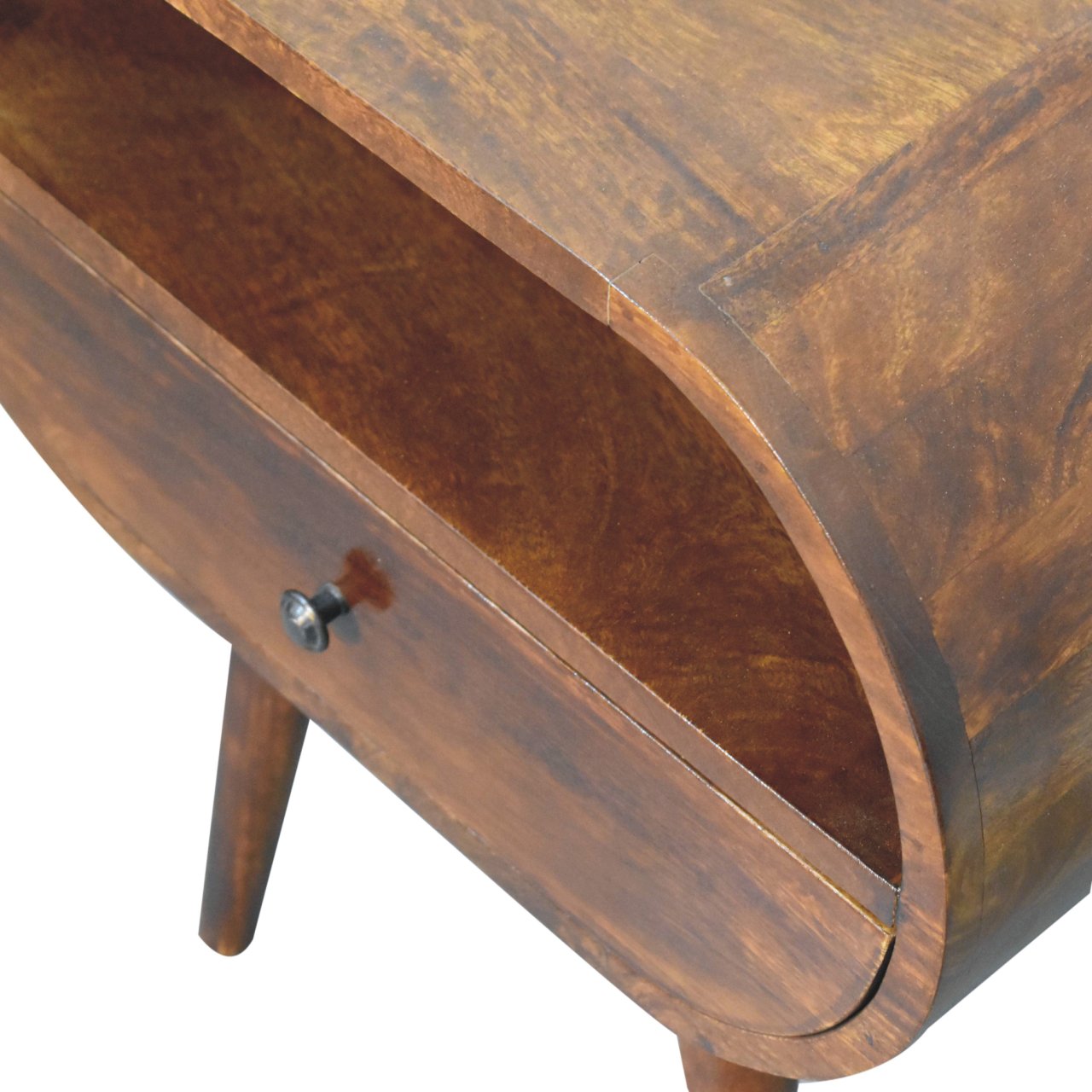 Midcentury modern side table with warm walnut finish and tapered legs