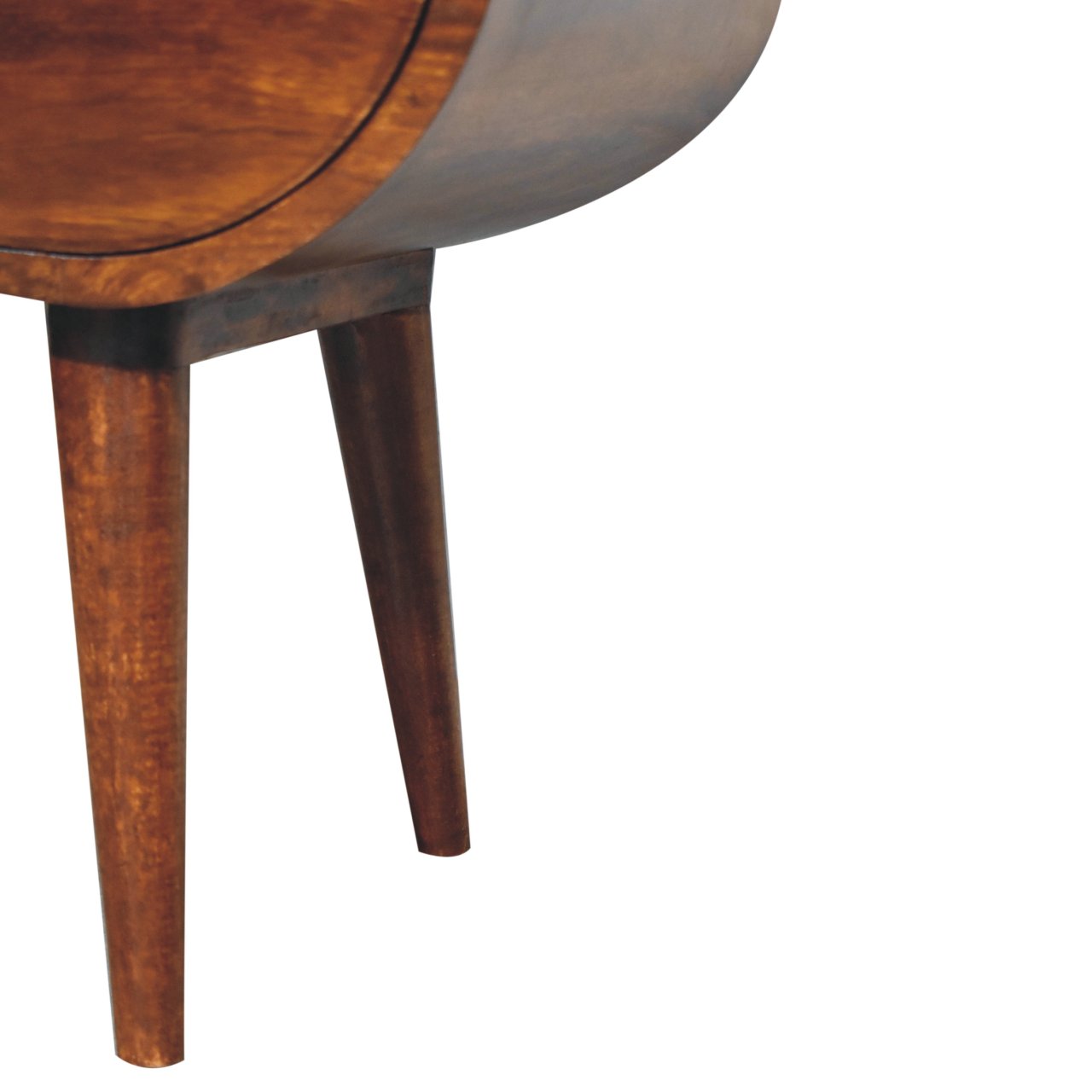 Closeup of a round wooden side table with tapered legs rich walnut finish