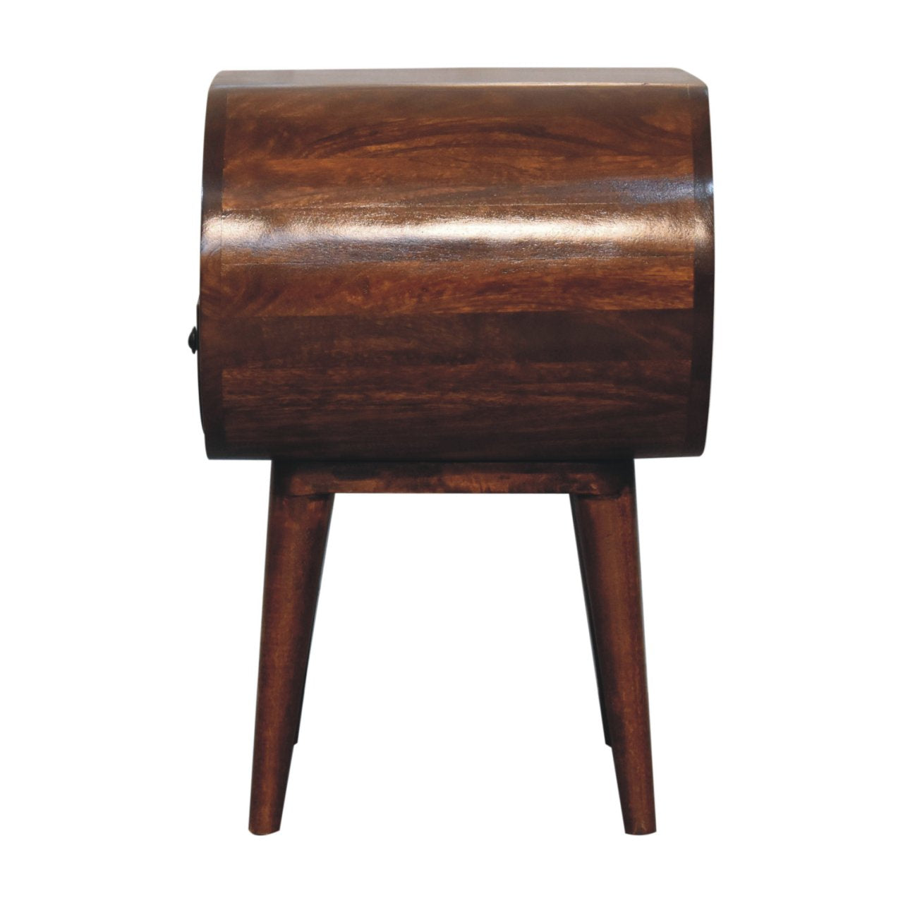 Solid wood end table with curved front and tapered legs