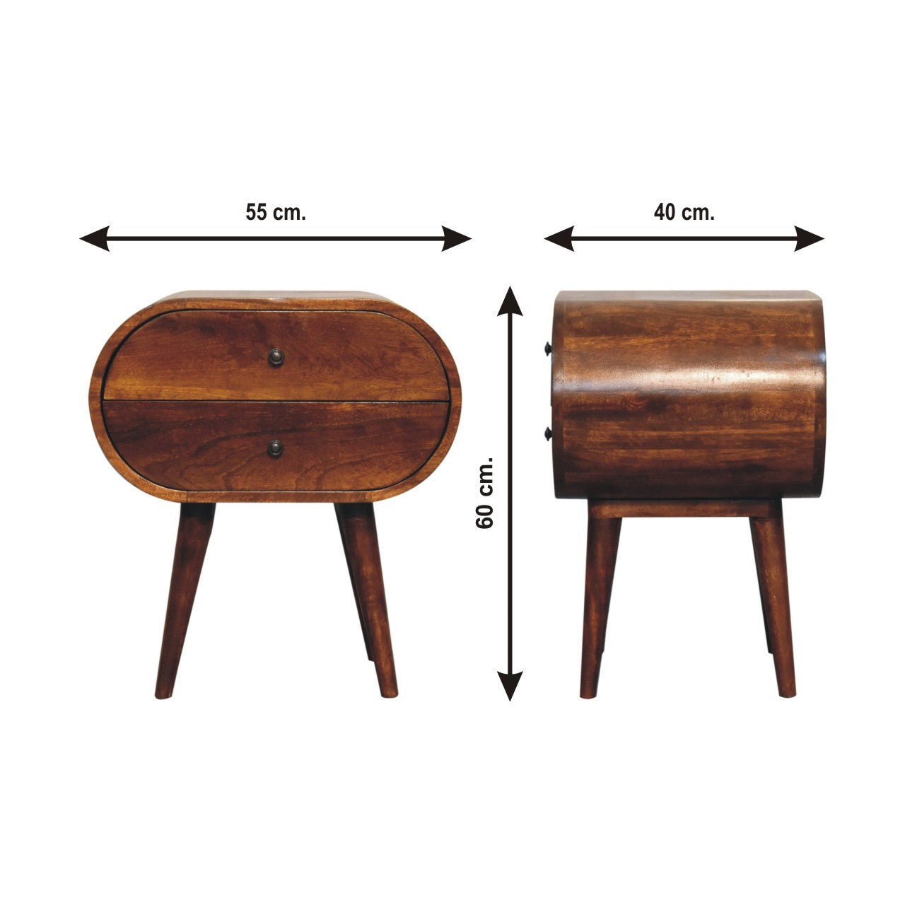 Midcentury modern wooden bedside table with two drawers