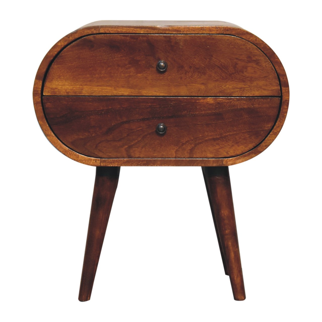 Midcentury modern bedside table with two brown drawers and tapered legs