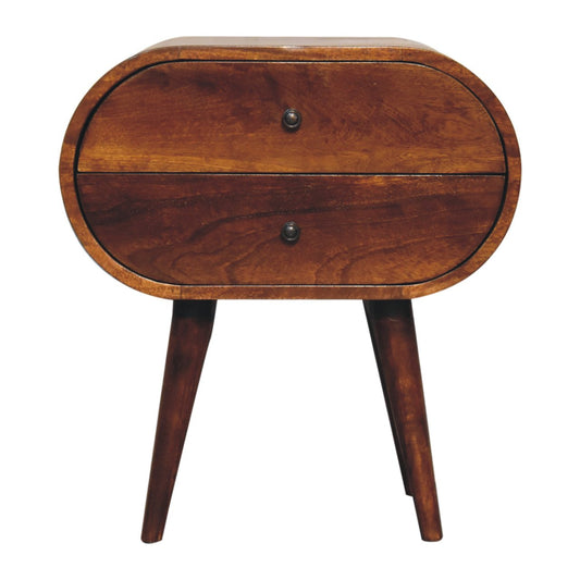 Midcentury modern bedside table with two brown drawers and tapered legs