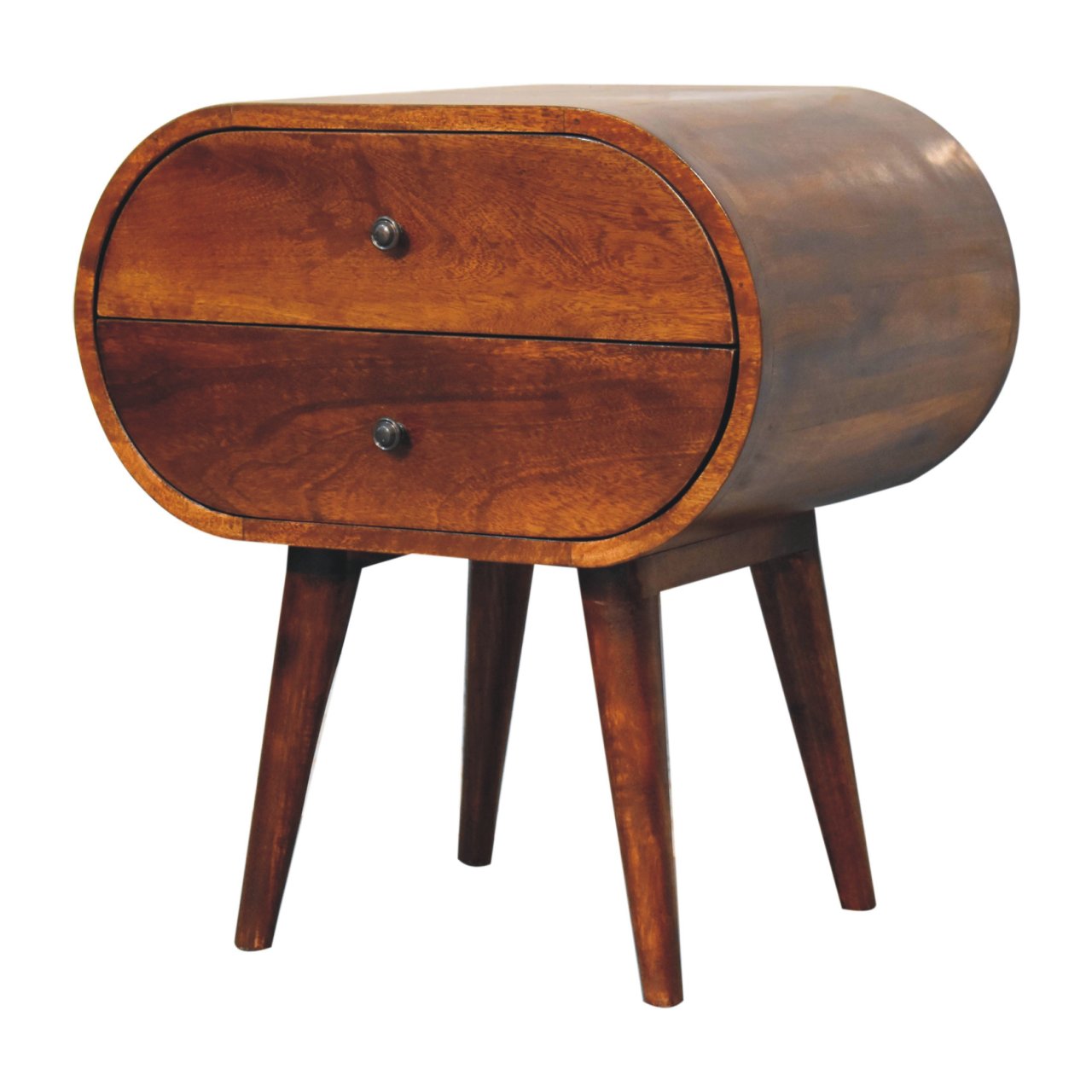 Midcentury modern wooden bedside table with two curved drawers and tapered legs
