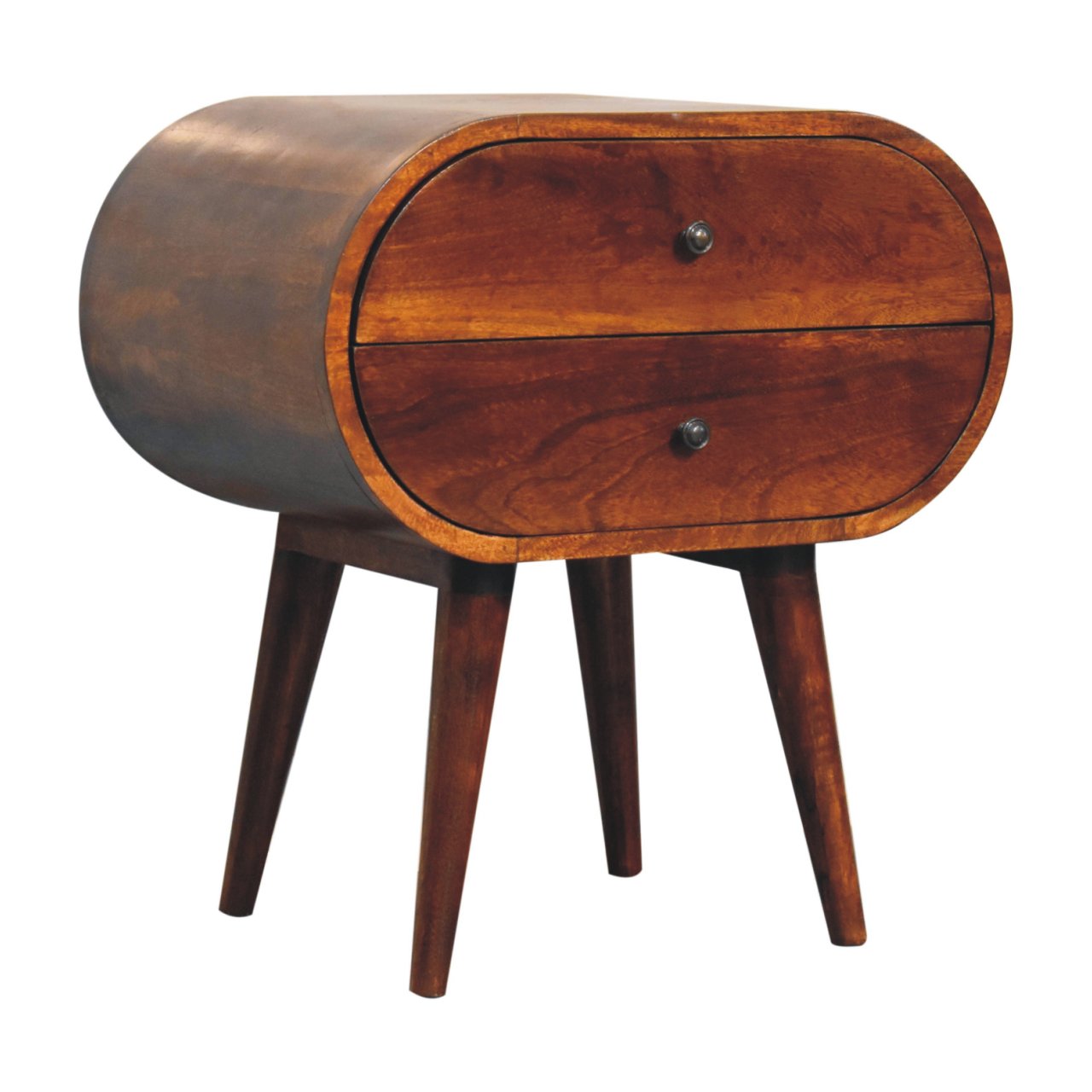 Midcentury modern bedside table with curved wooden drawers and tapered legs