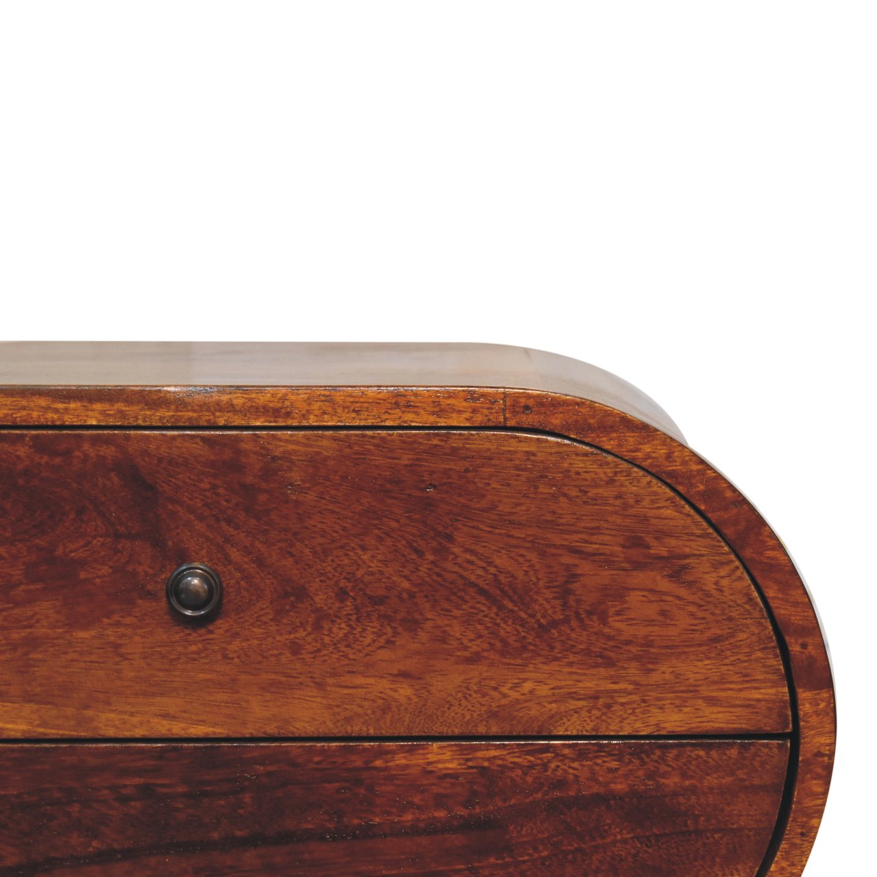 Rounded mahogany dresser with a single dark metal knob showcasing rich wood grain