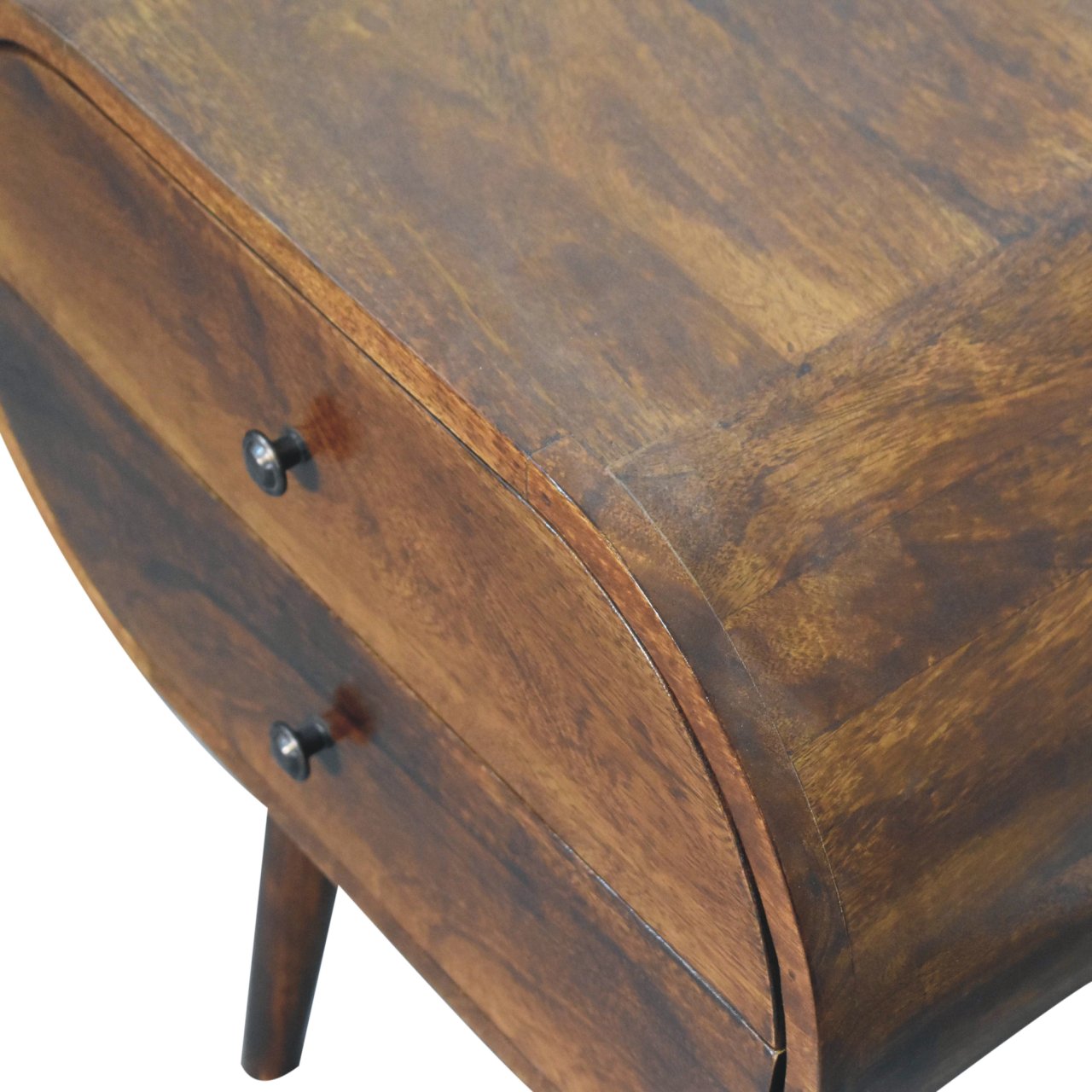 Curved mango wood bedside table with two drawers and dark metal knobs