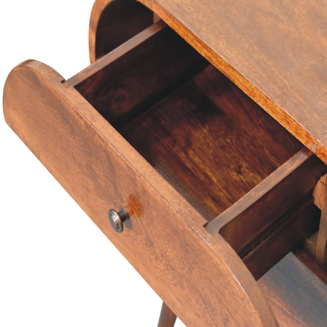 Wooden end table drawer open showing rich grain detail