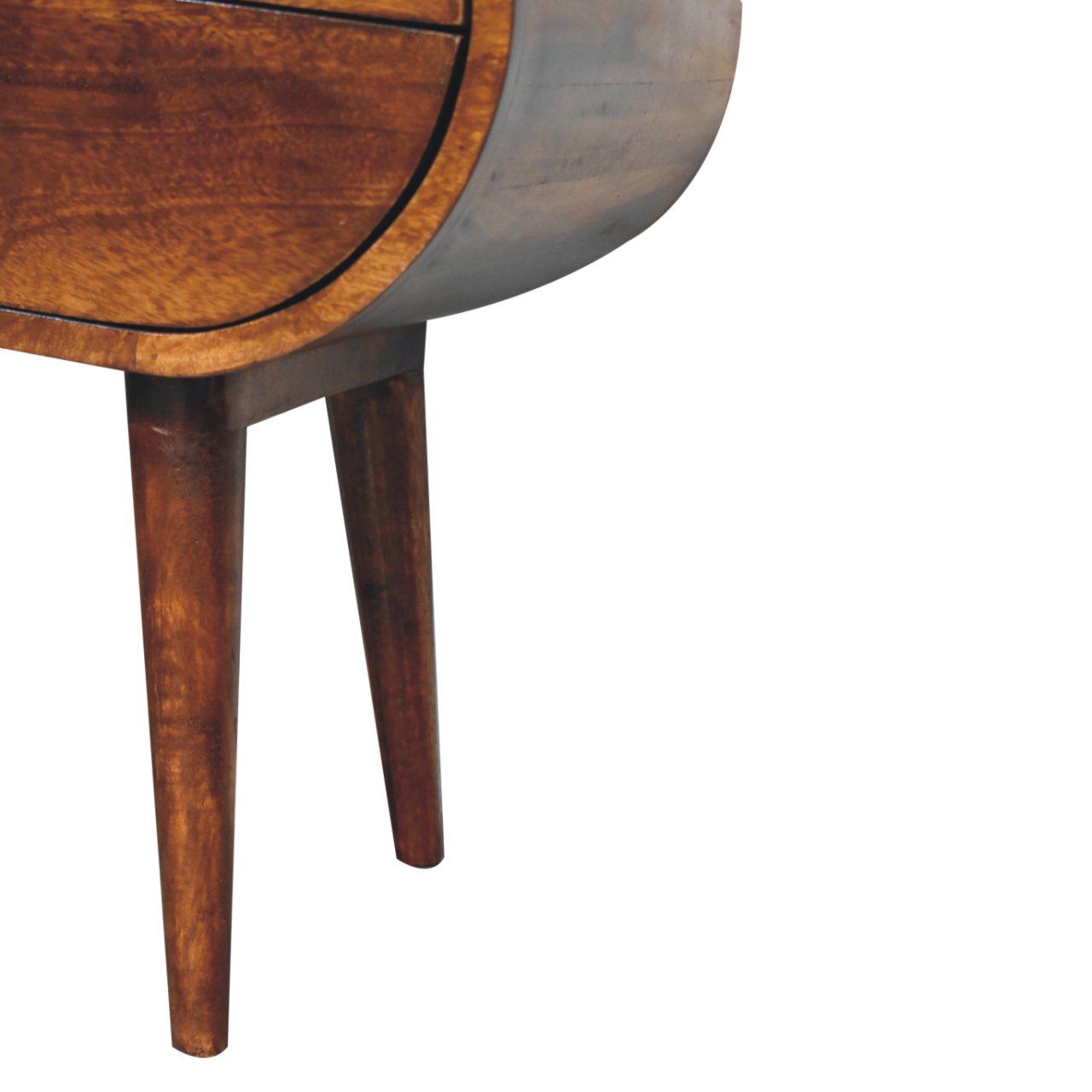 Curved wood bedside table with tapered legs natural finish