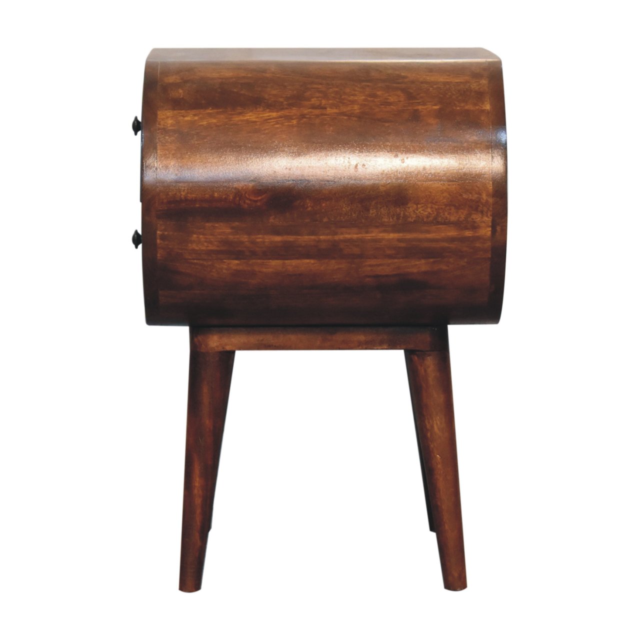 Curved wooden nightstand with two drawers and tapered legs