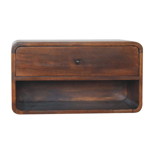 Dark wood wallmounted shelf with rounded corners and one drawer