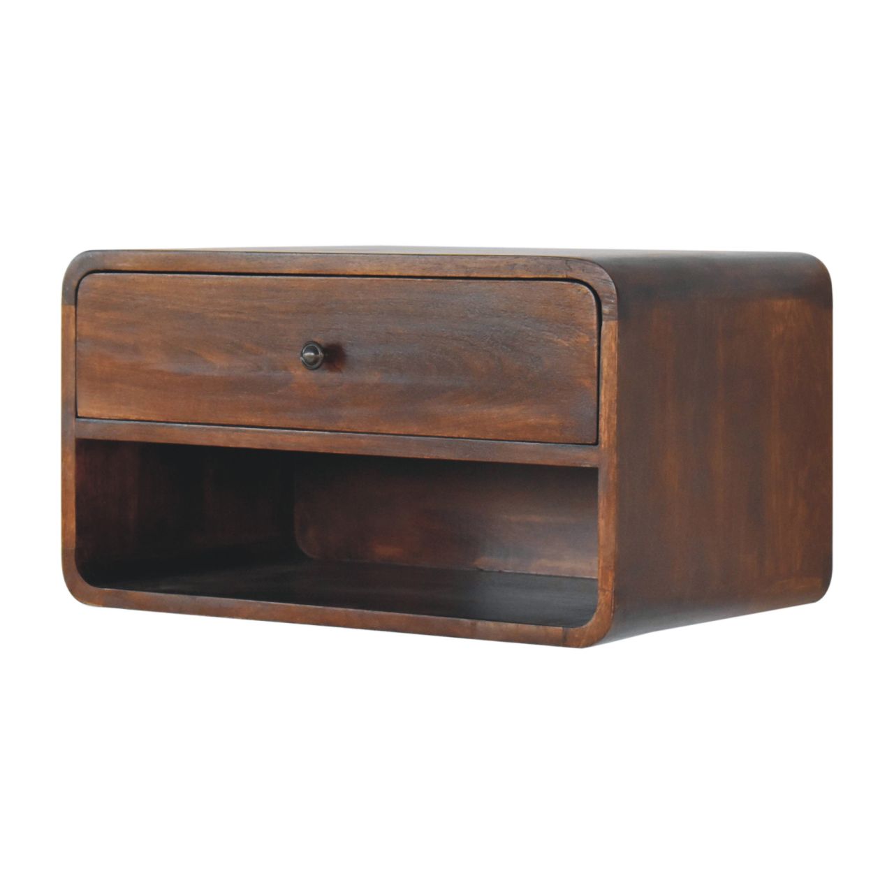 Dark wood floating nightstand with rounded edges and one drawer