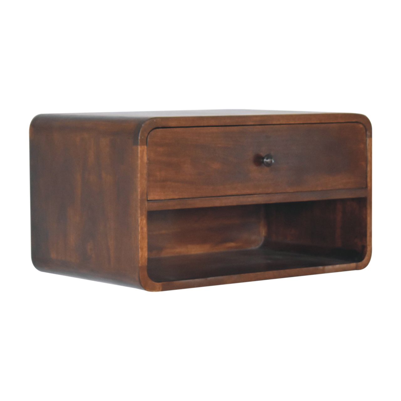 Modern walnut floating nightstand with one drawer and an open shelf