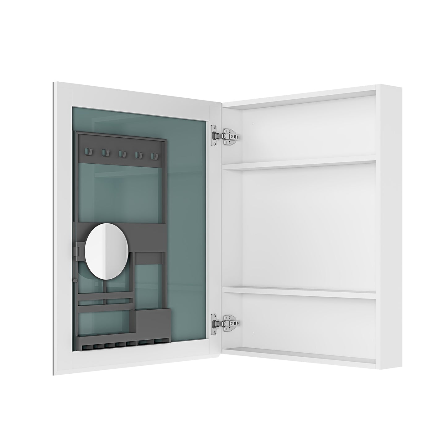 White mirrored medicine cabinet with internal organizer and shelves