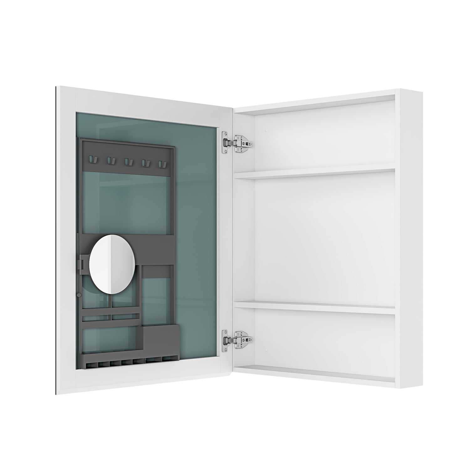 White mirrored medicine cabinet with internal organizer and shelves
