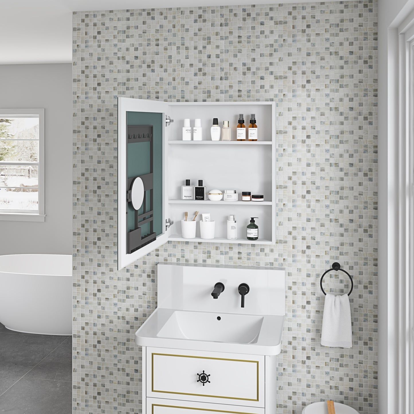 White medicine cabinet with open door displaying toiletries and makeup