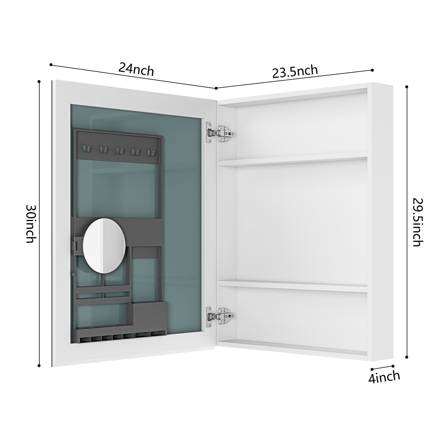 White recessed medicine cabinet with mirrored door and internal organizers