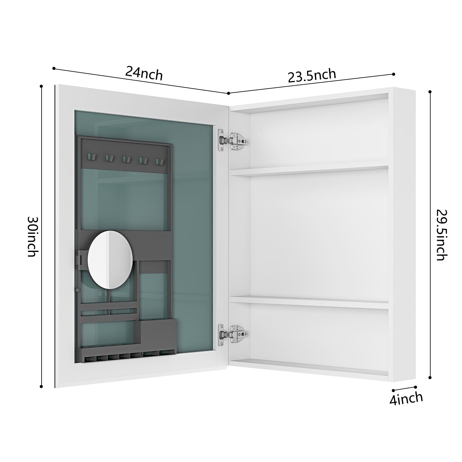 White recessed medicine cabinet with mirrored door and internal organizers