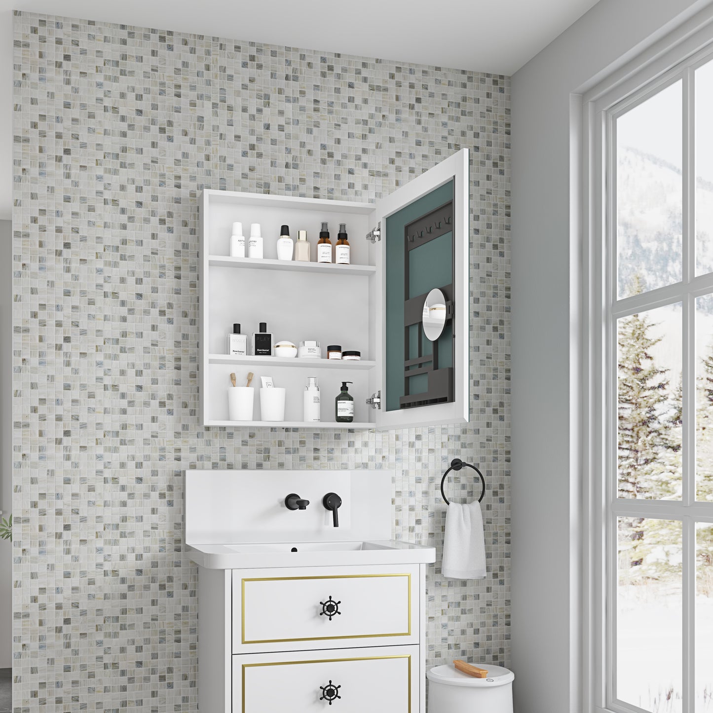 White modern bathroom medicine cabinet with open door revealing skincare bottles and mirror