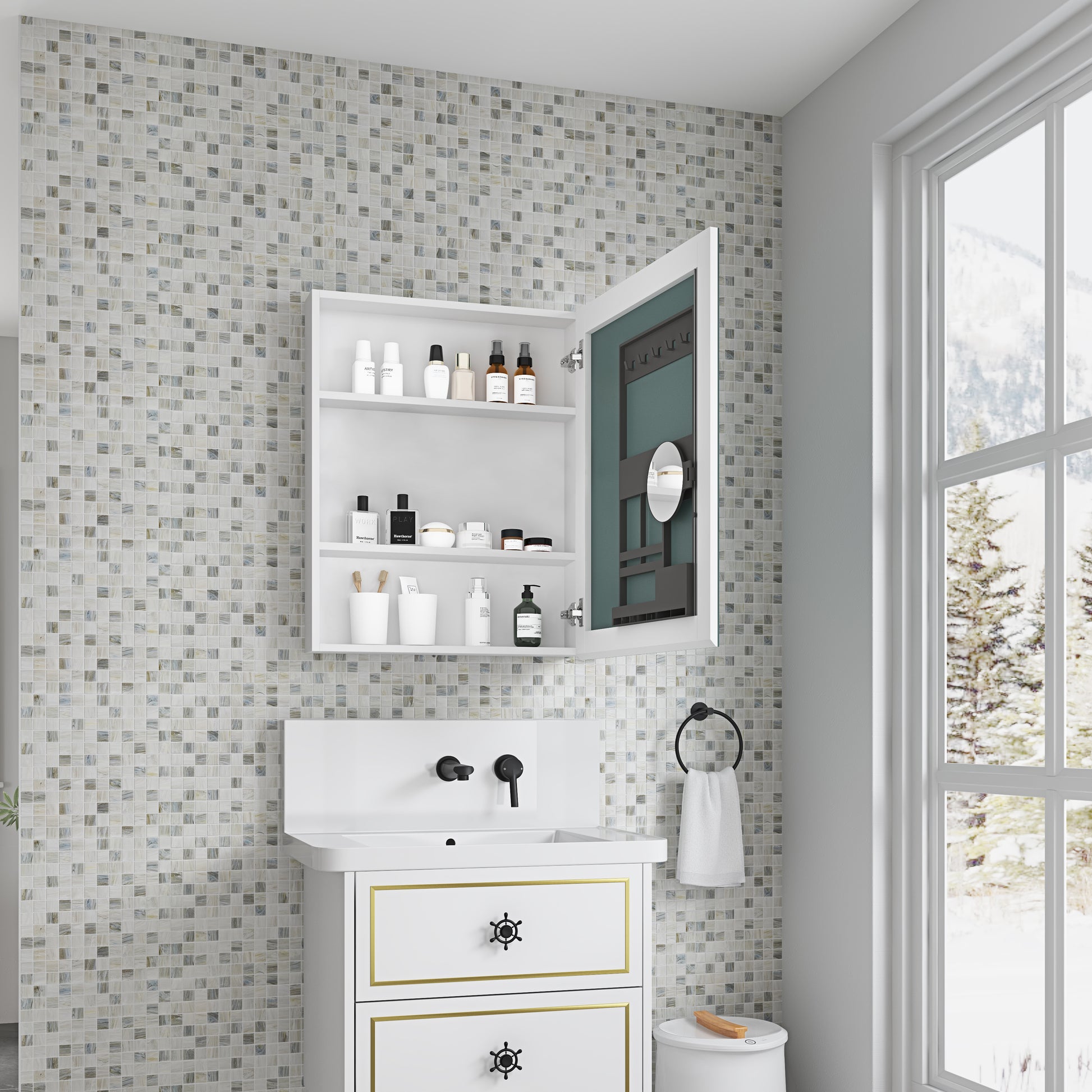 White modern bathroom medicine cabinet with open door revealing skincare bottles and mirror