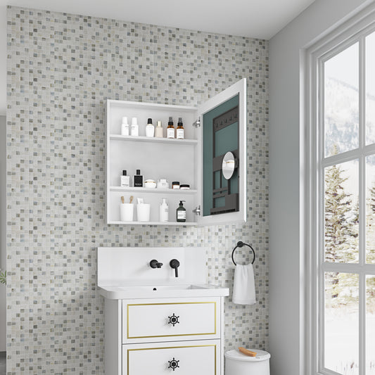 White modern bathroom medicine cabinet with open door revealing skincare bottles and mirror
