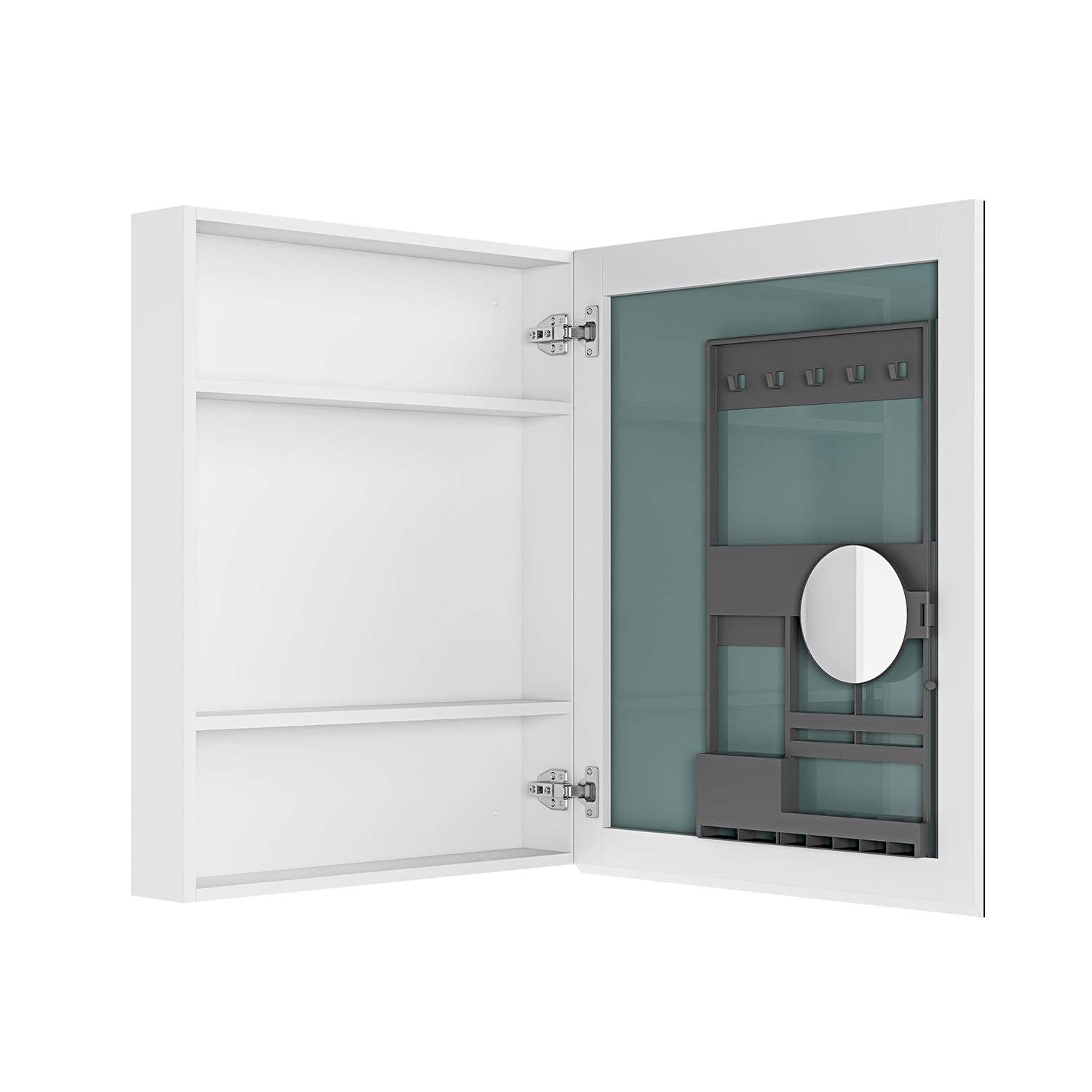 White recessed medicine cabinet with mirrored door and internal shelves for bathroom storage