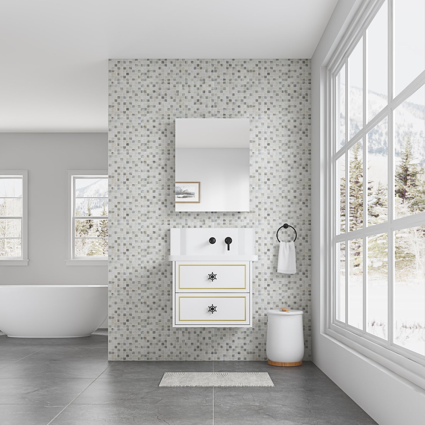 White modern bathroom vanity with gold trim and nauticalstyle drawer pulls