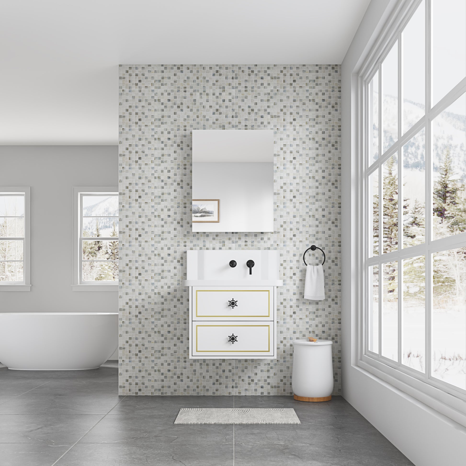 White modern bathroom vanity with gold trim and nauticalstyle drawer pulls