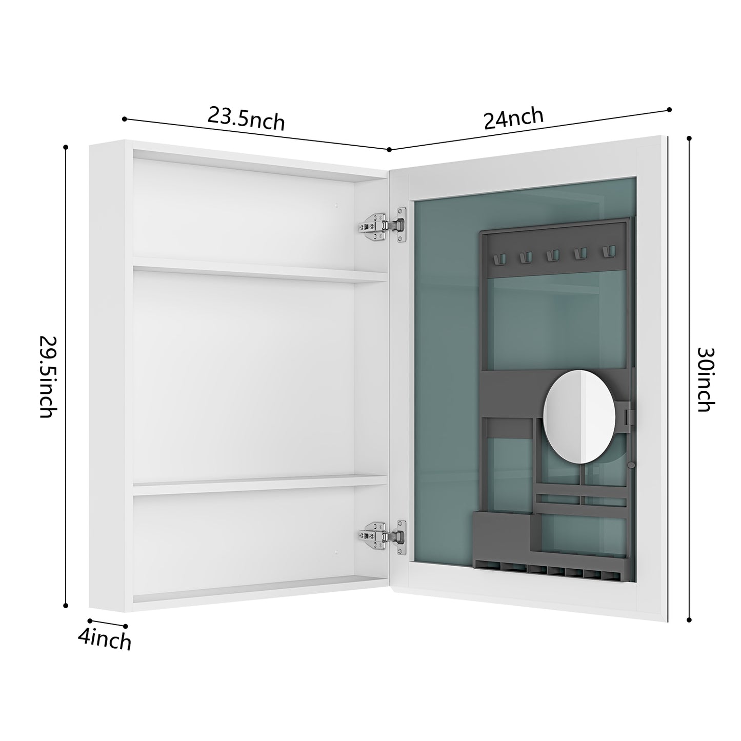 White mirrored medicine cabinet with internal shelving and storage organization