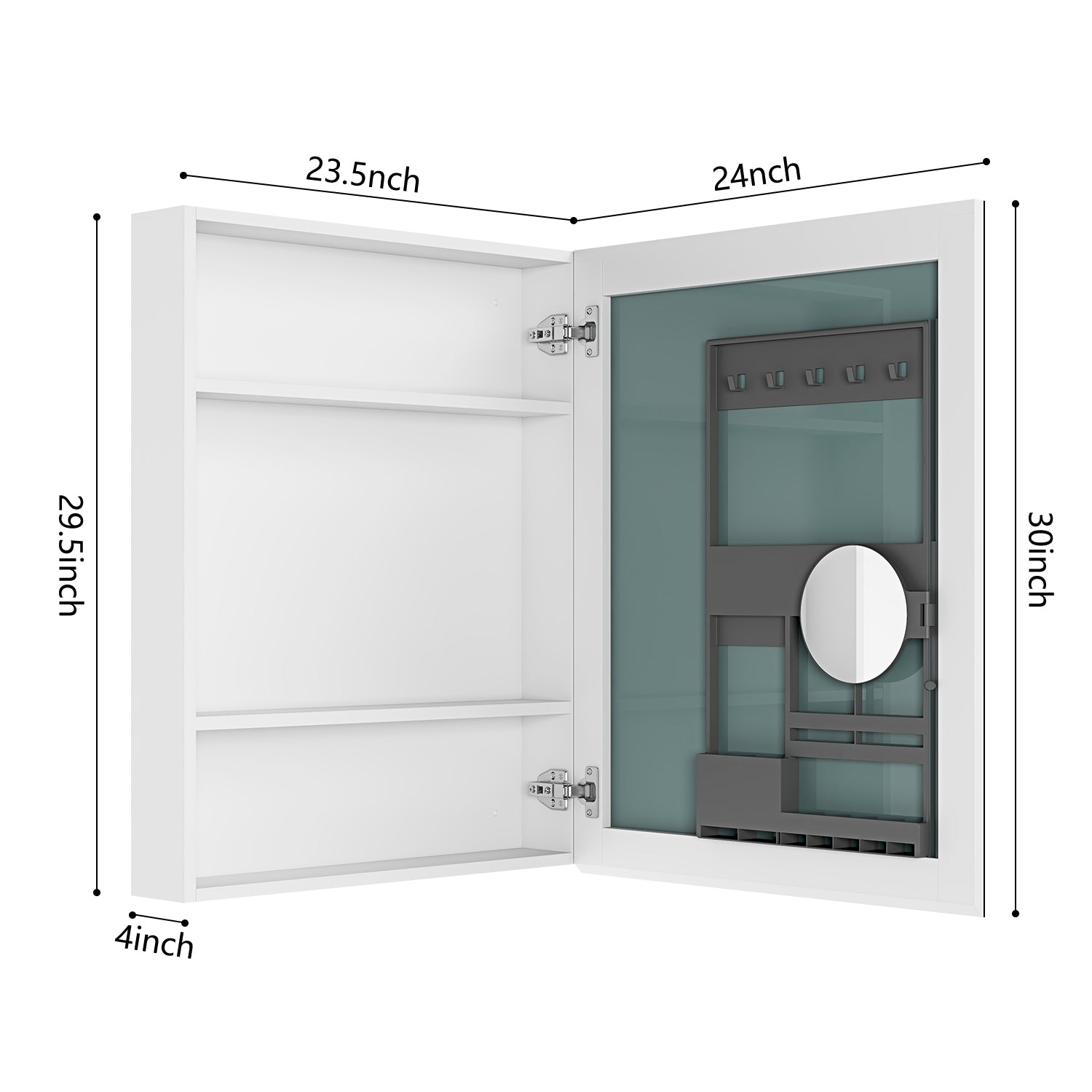 White mirrored medicine cabinet with internal shelving and storage organization