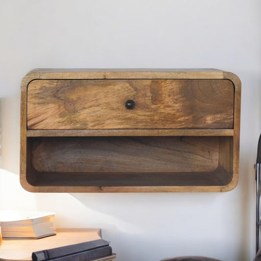 Natural wood floating nightstand with a drawer and open shelf