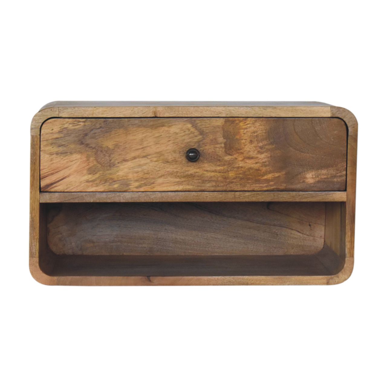 Solid mango wood bedside table with rounded edges and a single drawer