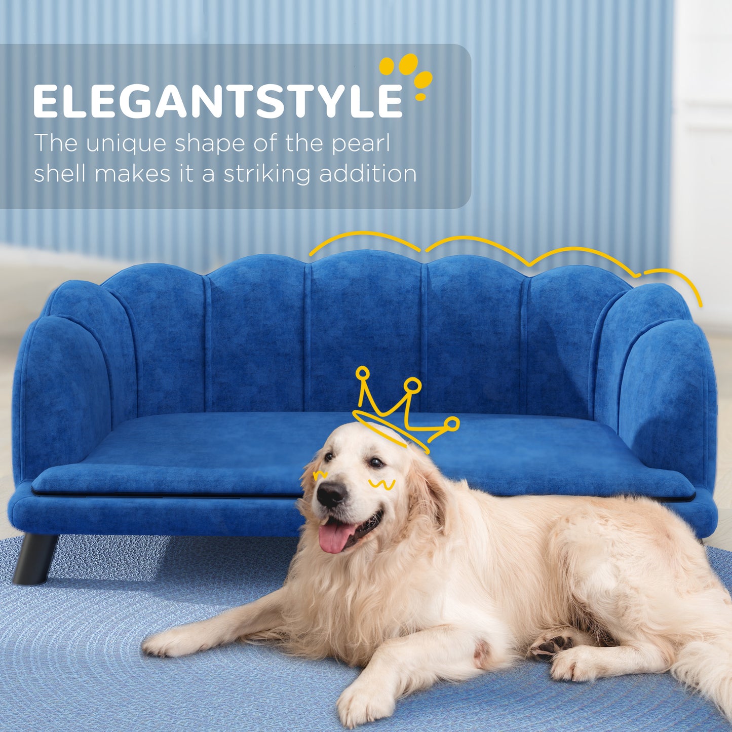 Blue velvet tufted pet couch with a playful golden retriever wearing a crown overlay