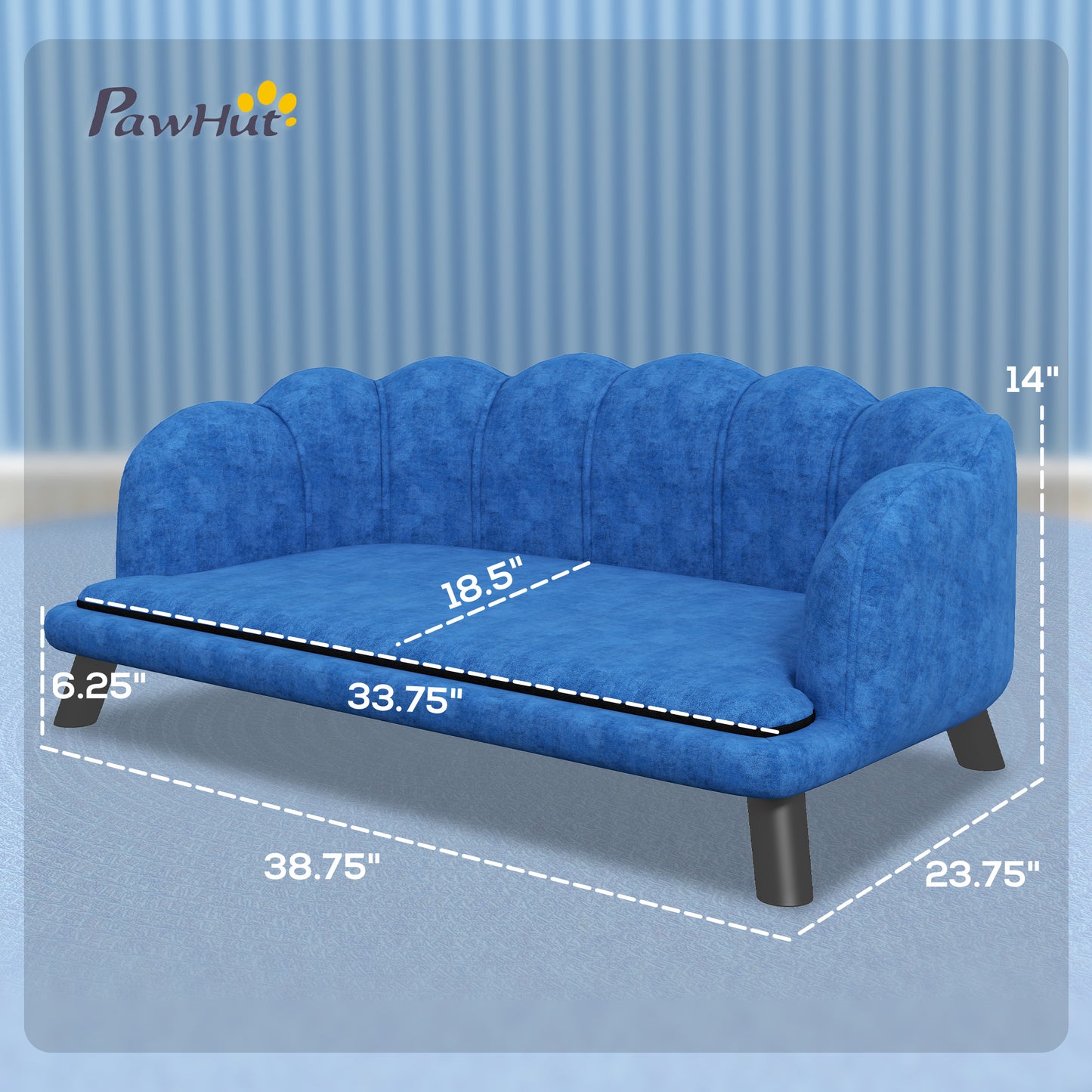 Plush blue velvet pet sofa with scalloped back and padded armrests measuring  L x  W x  H